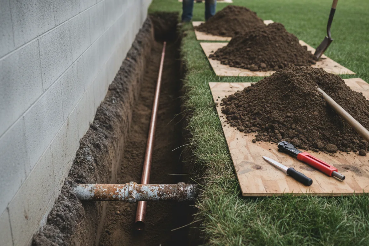 Excavated water line trench during Sewer Line Repair in Cape Coral